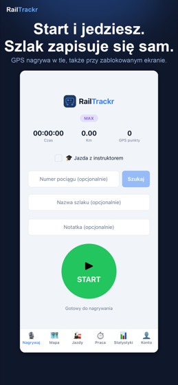 Ekran Nagrywaj w aplikacji RailTrackr