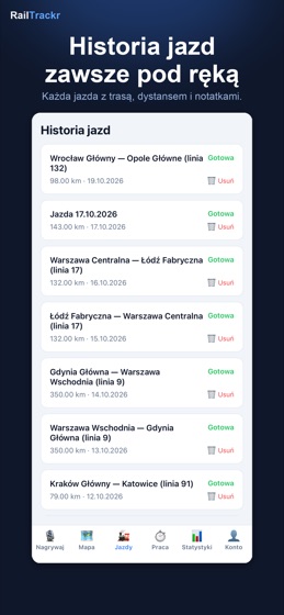 Lista jazd w aplikacji RailTrackr